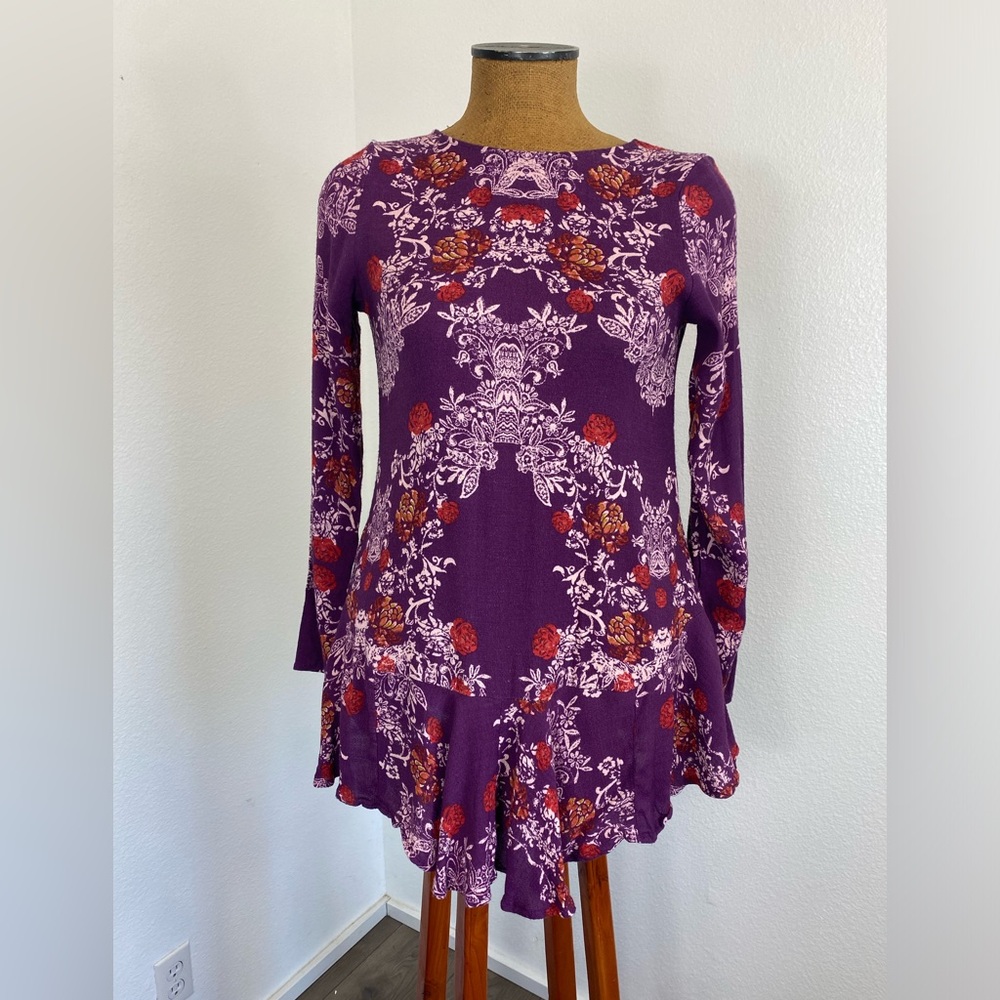 Free People Smooth Talker Tunic Size XS Top Mini Dress Floral Boho Purple Ruffle